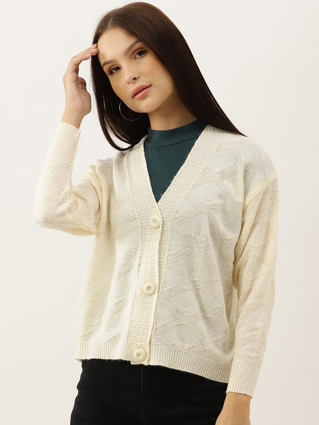 BROOWL Women Cream-Coloured Woollen Self-Design Cardigan