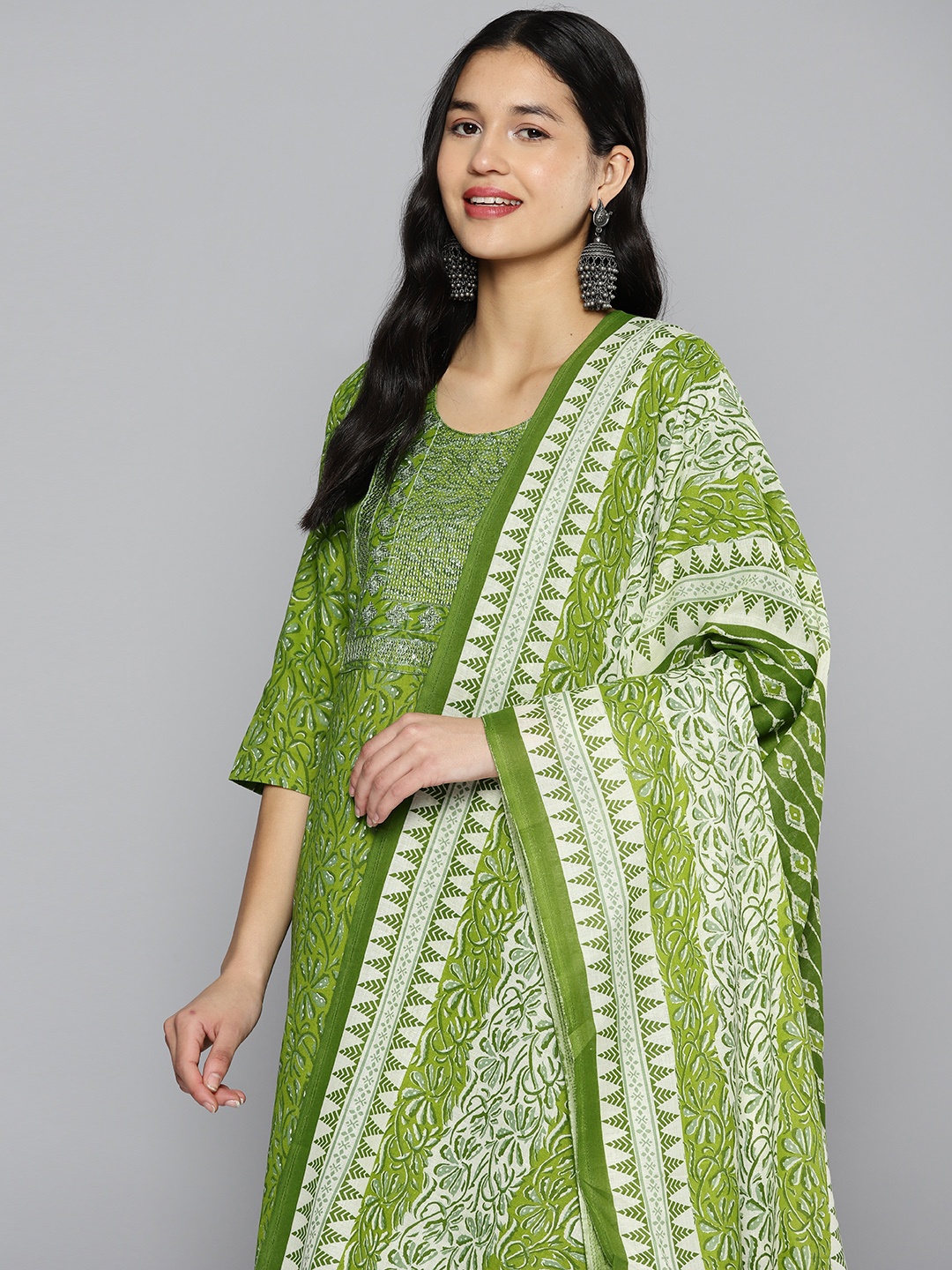 HERE&NOW Women Olive Green Ethnic Printed Sequin Pure Cotton Kurta with Trousers & Dupatta
HERE&NOW Women Olive Green Ethnic Printed Sequin Pure Cotton Kurta with Trousers & Dupatta