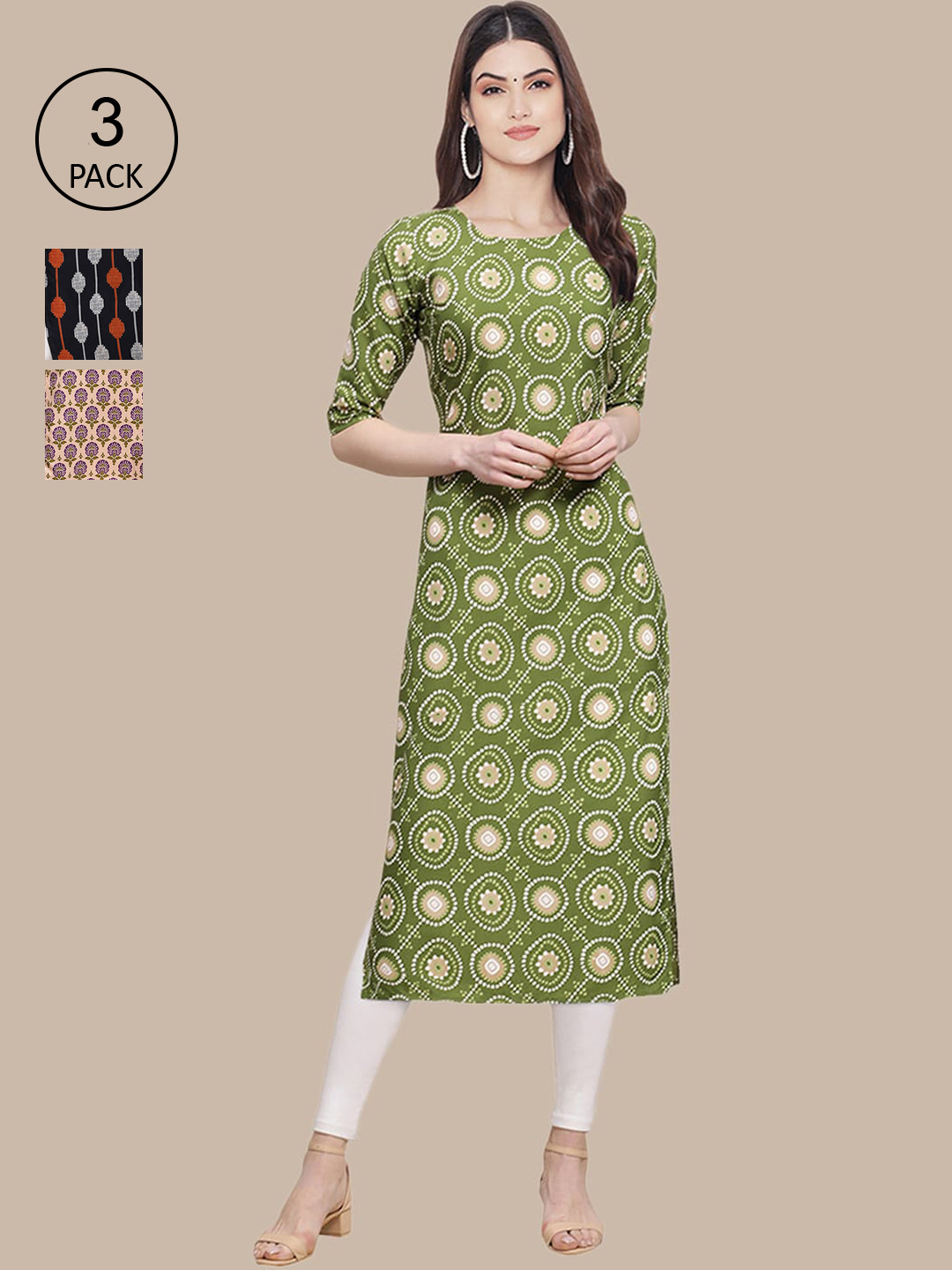 Ethnic basket Women Pack Of 3 Green & Black Geometric Printed Block Print Crepe Kurtas
Ethnic basket Women Pack Of 3 Green & Black Geometric Printed Block Print Crepe Kurtas