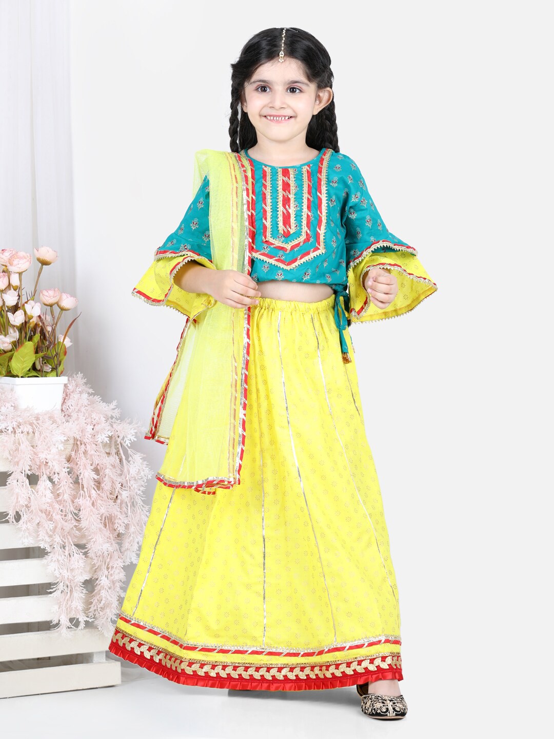 BownBee Girls Green & Yellow Printed Ready to Wear Lehenga & Blouse With Dupatta