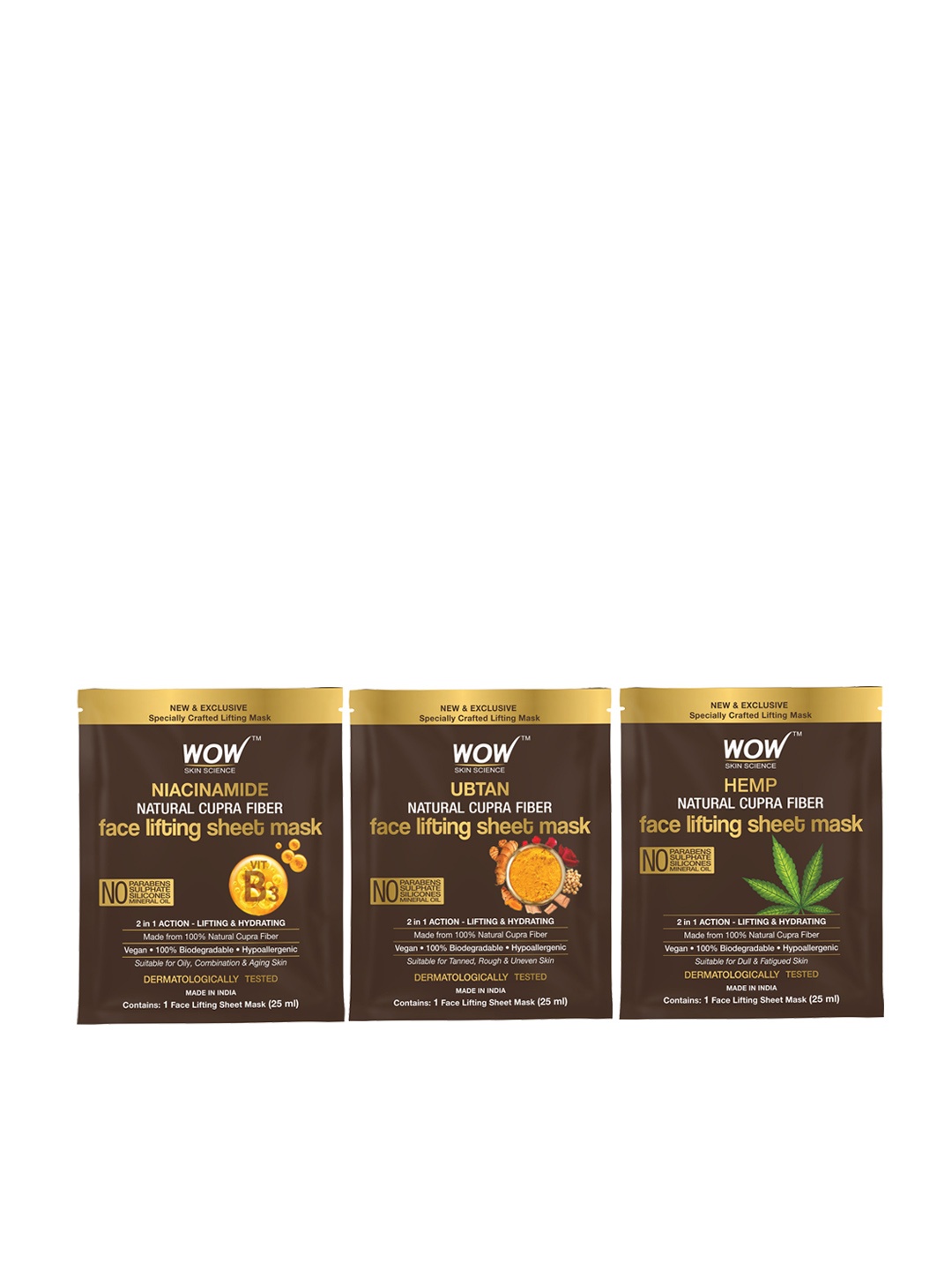 WOW SKIN SCIENCE Set of 3 Natural Cupra Fiber Face Lifting Sheet Masks - 25ml each, Brown
WOW SKIN SCIENCE Set of 3 Natural Cupra Fiber Face Lifting Sheet Masks - 25ml each, Brown