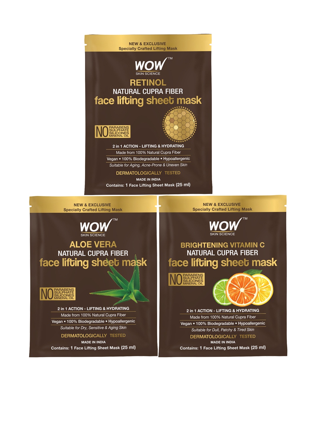 WOW SKIN SCIENCE Set of 3 Natural Cupra Fiber Face Lifting Sheet Masks - 25ml each, Brown
WOW SKIN SCIENCE Set of 3 Natural Cupra Fiber Face Lifting Sheet Masks - 25ml each, Brown