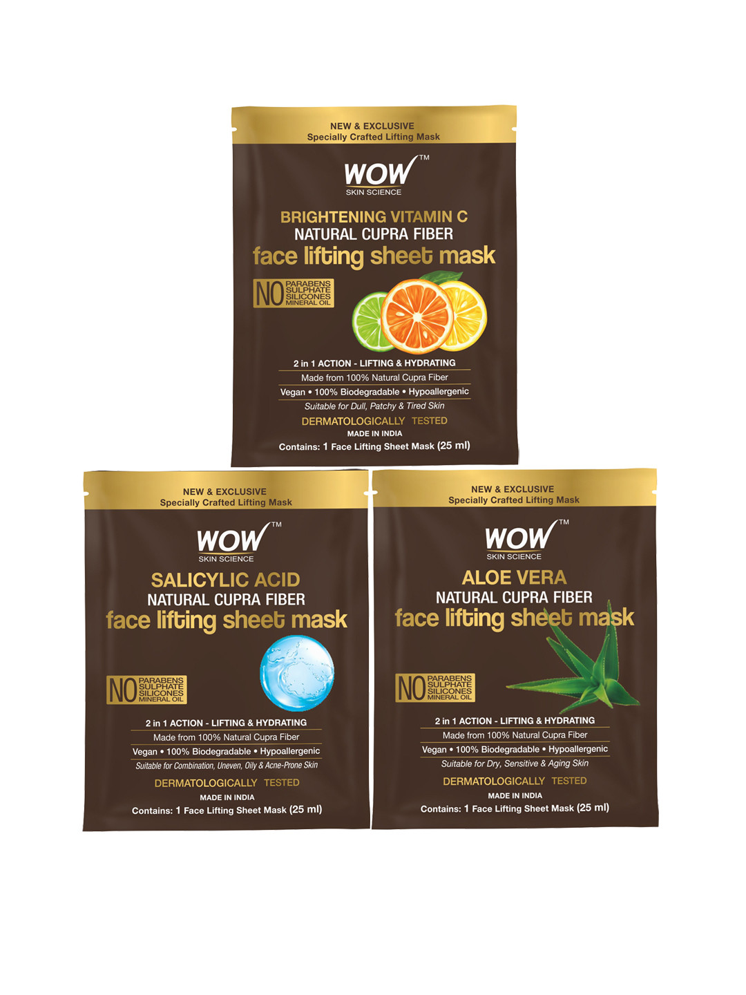 WOW SKIN SCIENCE Set of 3 Natural Cupra Fiber Face Lifting Sheet Masks - 25ml each, Brown 
WOW SKIN SCIENCE Set of 3 Natural Cupra Fiber Face Lifting Sheet Masks - 25ml each, Brown