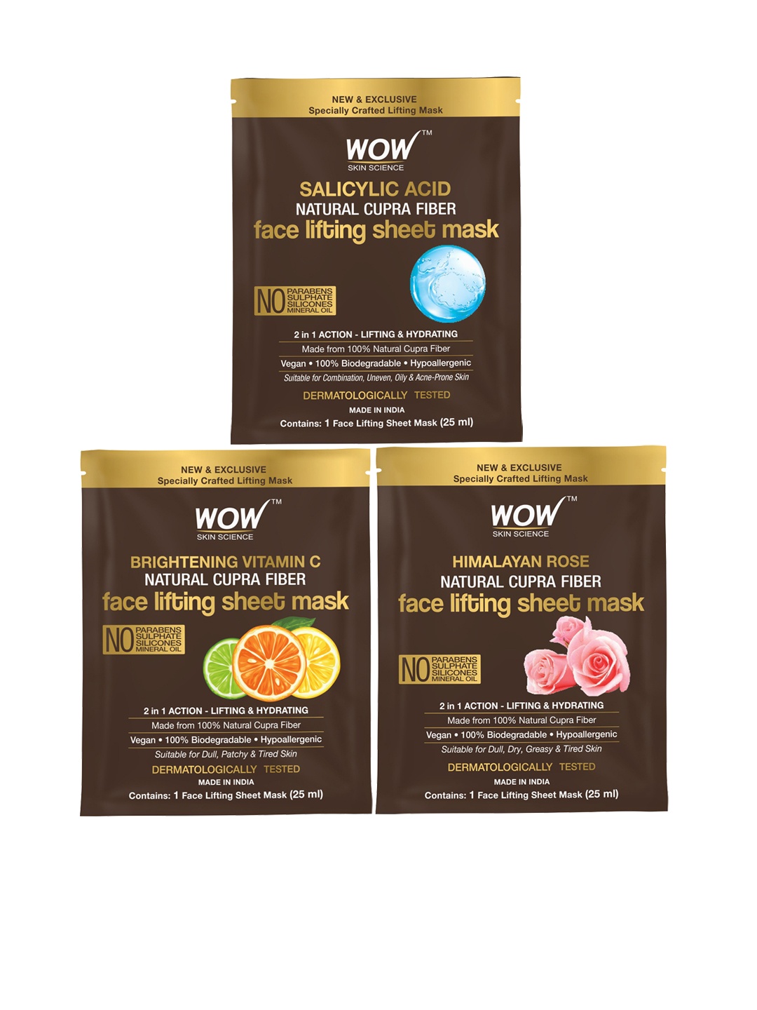 WOW SKIN SCIENCE Set of 3 Natural Cupra Fiber Face Lifting Sheet Masks - 25ml each, Brown
WOW SKIN SCIENCE Set of 3 Natural Cupra Fiber Face Lifting Sheet Masks - 25ml each, Brown
