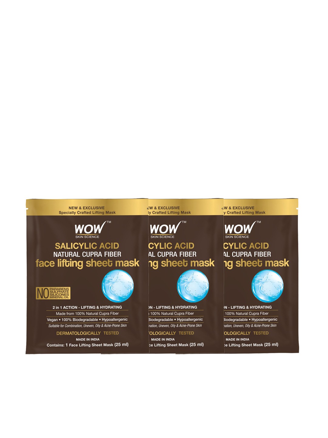 WOW SKIN SCIENCE Set of 3 Salicylic Acid Natural Fiber Cupra Sheet Mask - 25ml Each, Coffee brown