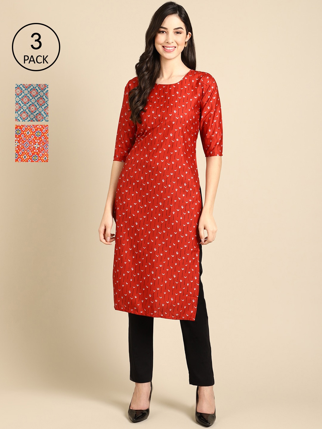 Ethnic basket Pack of 3 Women Ethnic Motifs Printed Block Print Crepe Kurta, Red
Ethnic basket Pack of 3 Women Ethnic Motifs Printed Block Print Crepe Kurta, Red