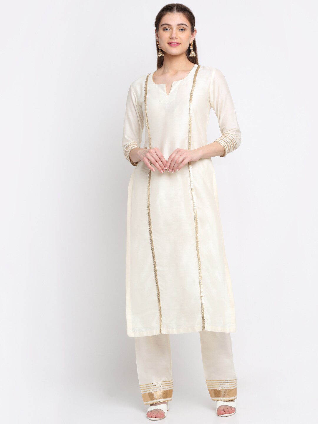 anokherang Women Embroidered Panelled Gotta Patti Kurta with Palazzos & With Dupatta, Off white
anokherang Women Embroidered Panelled Gotta Patti Kurta with Palazzos & With Dupatta, Off white