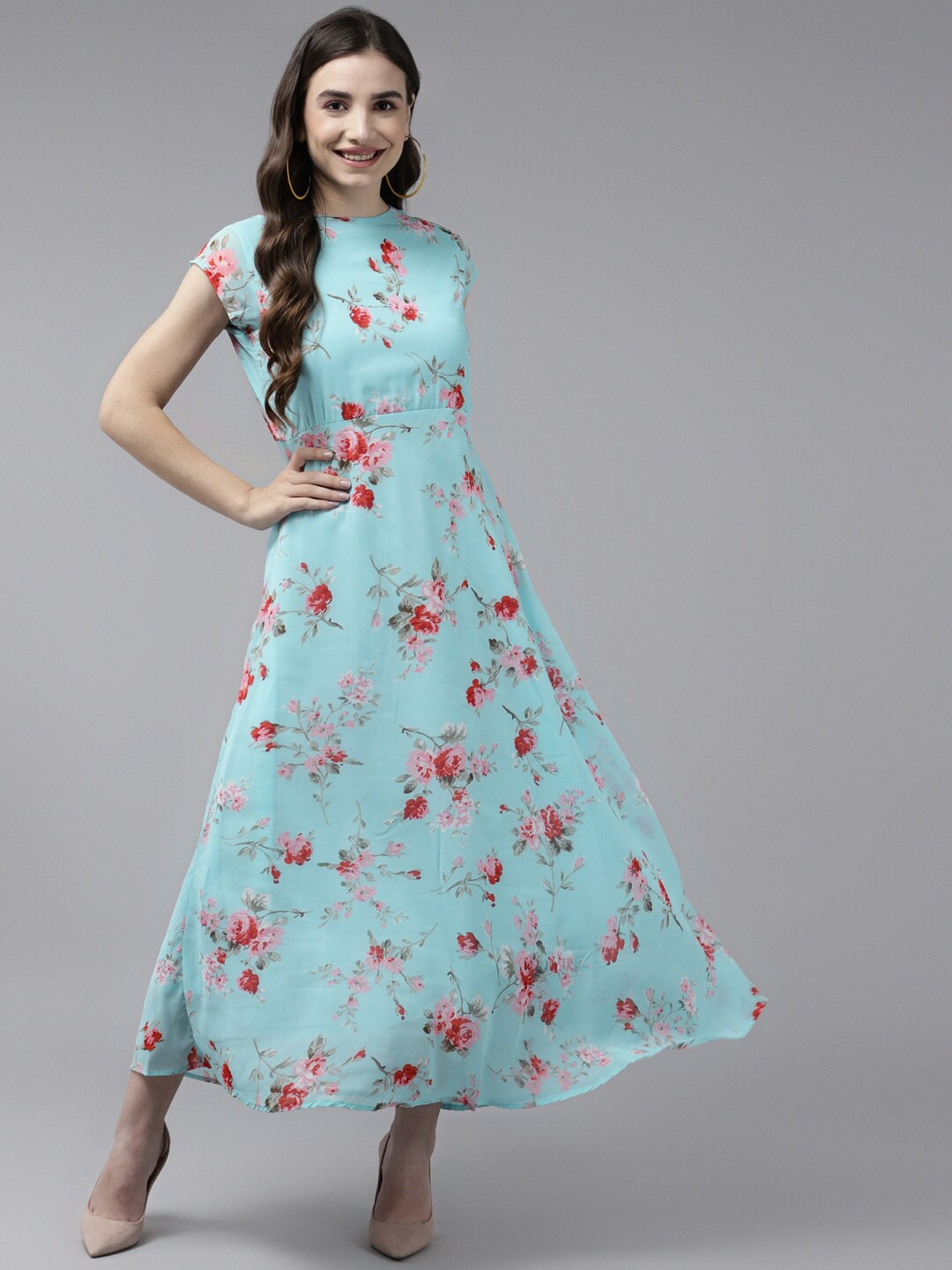 Aarika Turquoise Blue Floral Printed Georgette Maxi Dress