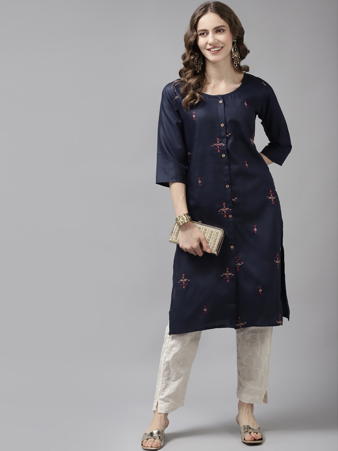 Aarika Women Navy Blue Ethnic Motifs Embroidered Cotton Kurta
