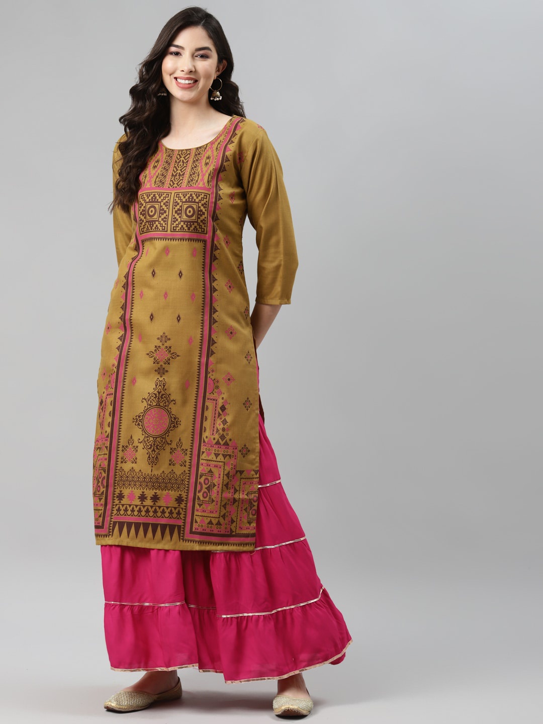 Aarika Women Brown Ethnic Motifs Printed Cotton Kurta