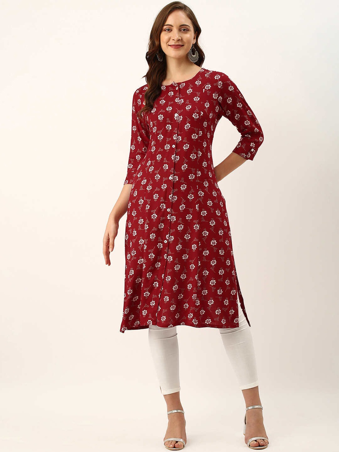 ZOLA Women Maroon & White Floral Print Kurta