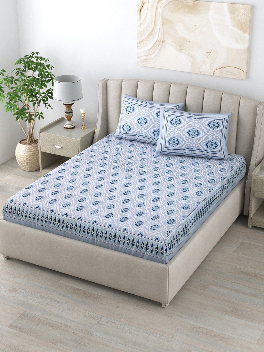 LIVING ROOTS White & Blue Ethnic Motifs 200 TC King Double Bedsheet with 2 Pillow Covers
LIVING ROOTS White & Blue Ethnic Motifs 200 TC King Double Bedsheet with 2 Pillow Covers