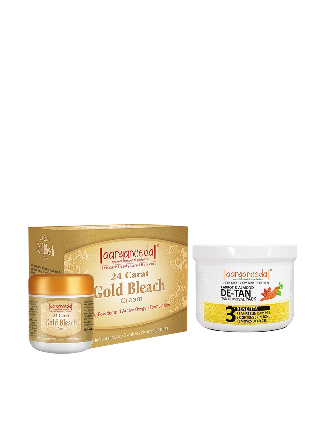 Aryanveda Set Of 24 Carat Gold Bleach Cream 450gm & Carrot Almond Detan Face Pack 200g, Beige
Aryanveda Set Of 24 Carat Gold Bleach Cream 450gm & Carrot Almond Detan Face Pack 200g, Beige