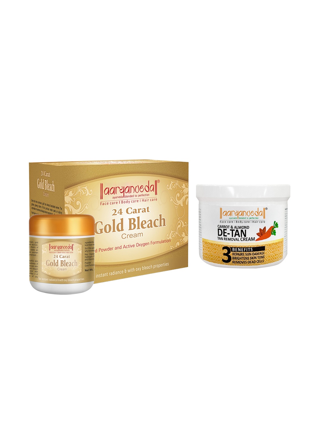 Aryanveda Set Of 2 24 Carat Gold Bleach Cream & Aryanveda Detan Face Massage Cream 650gm, White
Aryanveda Set Of 2 24 Carat Gold Bleach Cream & Aryanveda Detan Face Massage Cream 650gm, White