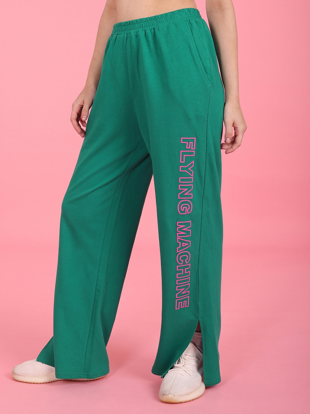 Flying Machine Women Brand Logo Printed Pure Cotton Track Pants, Green