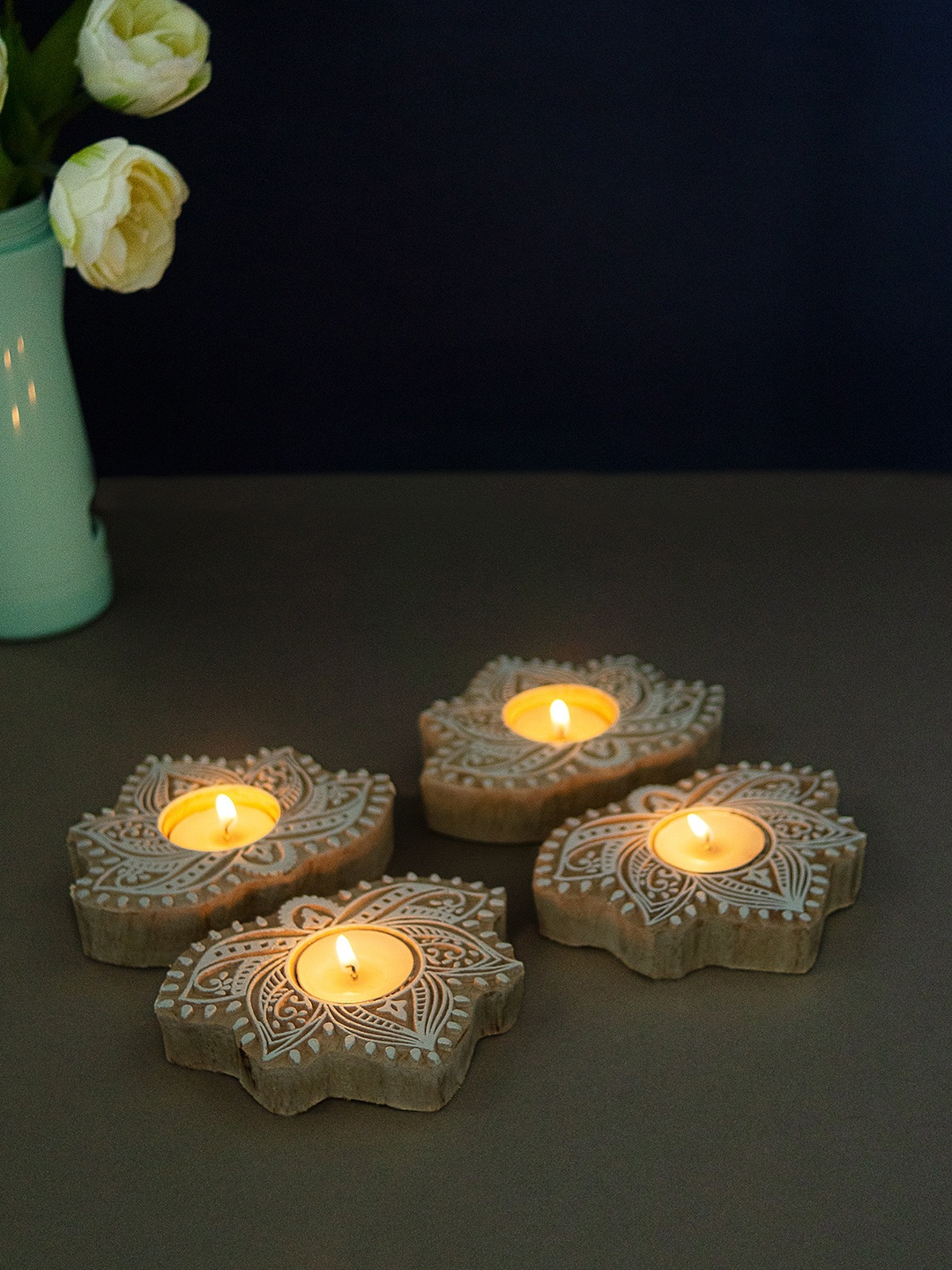 Golden Peacock Set of 4 Brown Floral shape Hand-Carved T-Light Candle Holder Blocks
Golden Peacock Set of 4 Brown Floral shape Hand-Carved T-Light Candle Holder Blocks