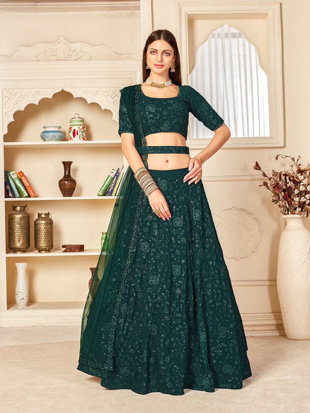 ODETTE Green Embroidered Sequinned Semi-Stitched Lehenga & Unstitched Blouse With Dupatta
ODETTE Green Embroidered Sequinned Semi-Stitched Lehenga & Unstitched Blouse With Dupatta