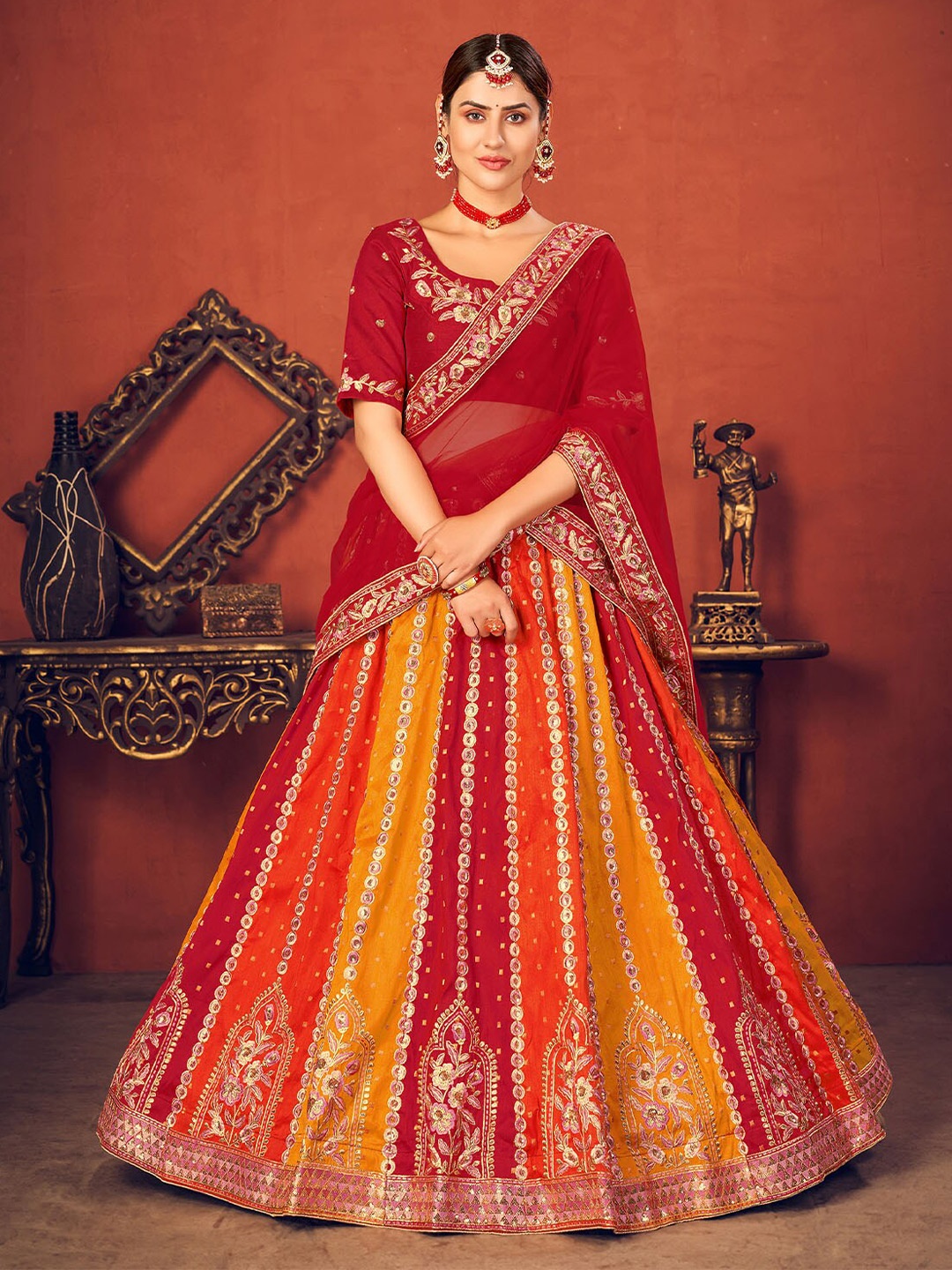 ODETTE Red & Yellow Embroidered Thread Work Semi-Stitched Lehenga & Unstitched Blouse With Dupatta
ODETTE Red & Yellow Embroidered Thread Work Semi-Stitched Lehenga & Unstitched Blouse With Dupatta