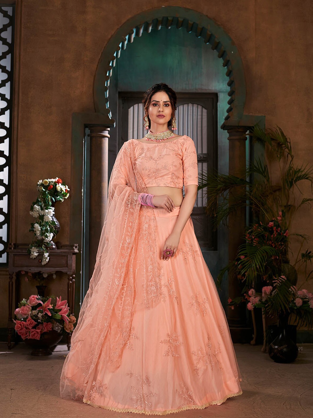 ODETTE Peach-Coloured Embroidered Thread Work Semi-Stitched Lehenga & Unstitched Blouse With Dupatta
ODETTE Peach-Coloured Embroidered Thread Work Semi-Stitched Lehenga & Unstitched Blouse With Dupatta