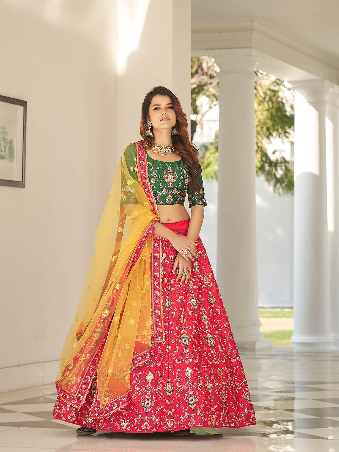 ODETTE Red & Yellow Sequined Semi-Stitched Lehenga & Unstitched Blouse With Dupatta
ODETTE Red & Yellow Sequined Semi-Stitched Lehenga & Unstitched Blouse With Dupatta