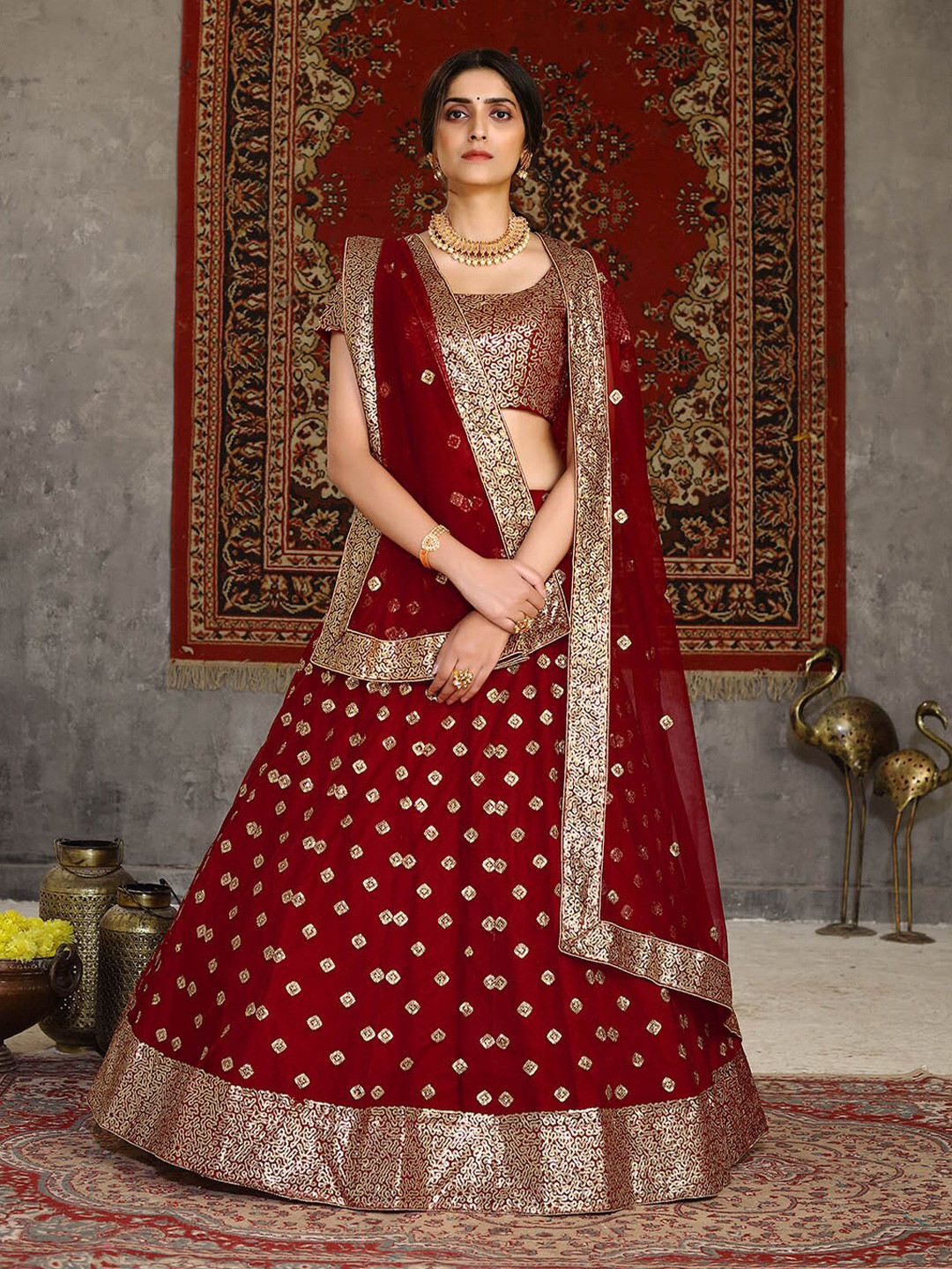 ODETTE Red & Gold-Toned Embellished Thread Work Semi-Stitched Lehenga & Unstitched Blouse With Dupatta
ODETTE Red & Gold-Toned Embellished Thread Work Semi-Stitched Lehenga & Unstitched Blouse With Dupatta