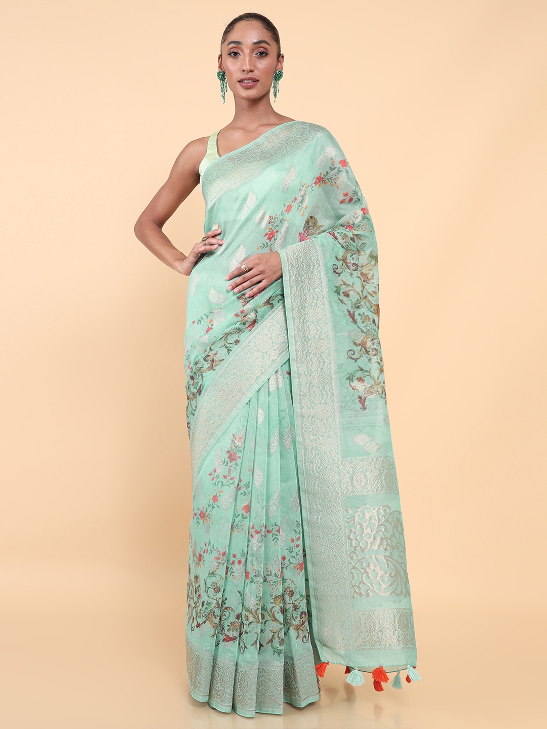 Soch Green & Pink Floral Zari Saree