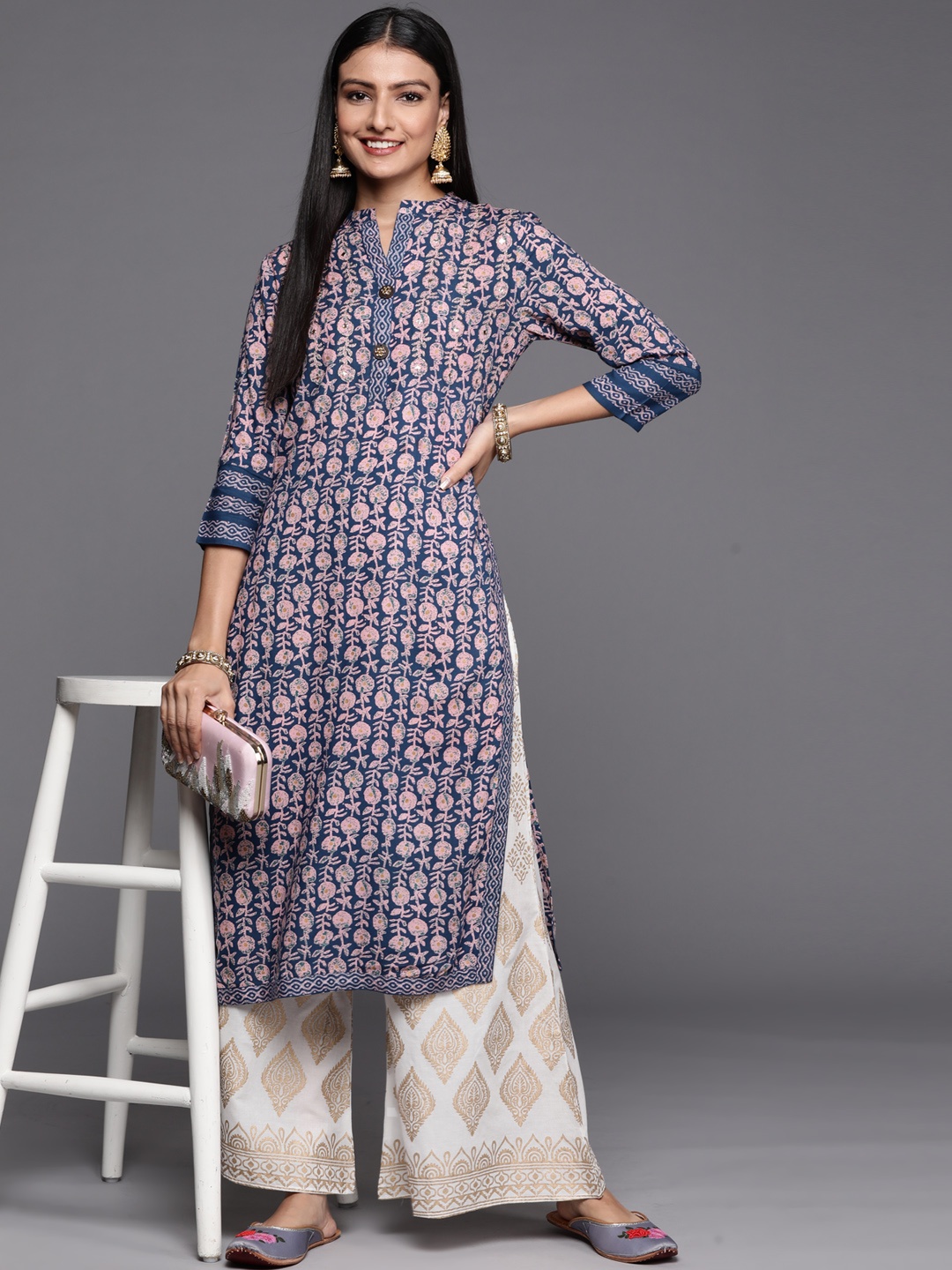 Libas Women Teal Blue & Pink Floral Printed Kurta