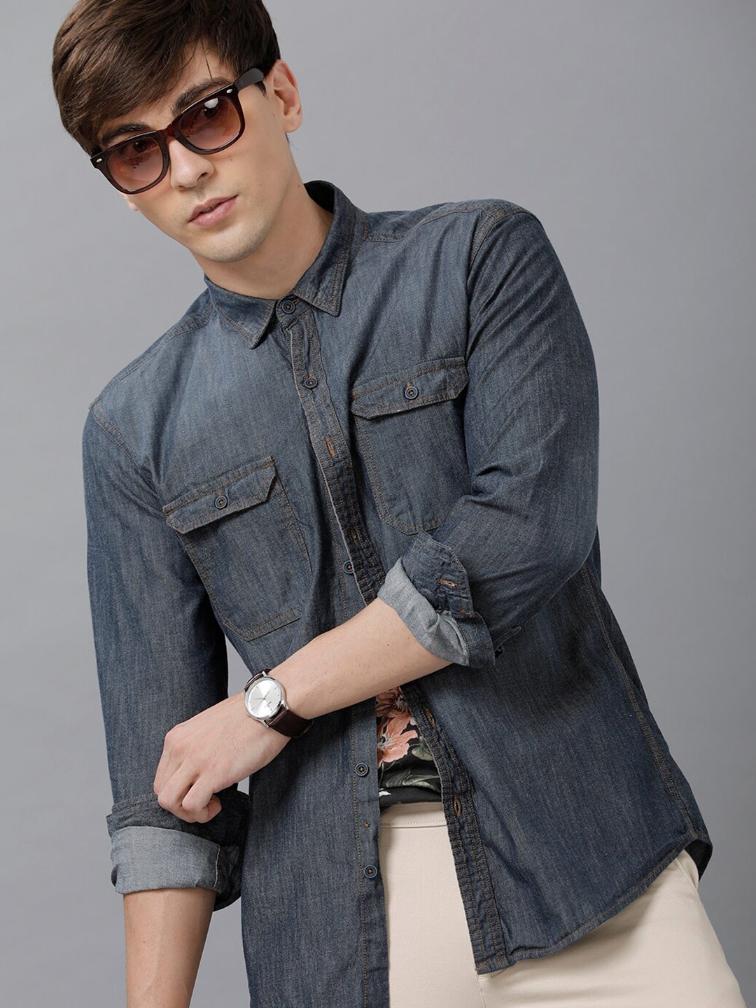 YOVISH Men Grey Smart Slim Fit Casual Shirt