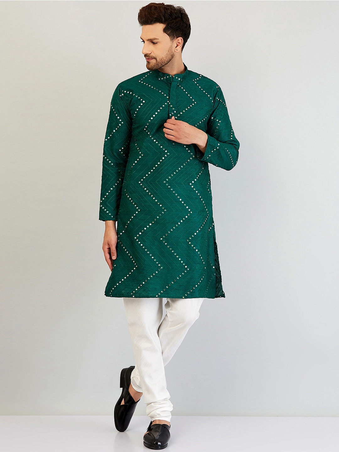 Armaan Ethnic Men Mirror Work Dupion Silk Kurta with Pyjama, Green