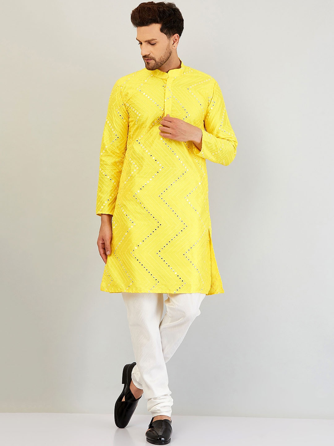 Armaan Ethnic Men Embroidered Mirror Work Dupion Silk Straight Kurta with Churidar, Yellow
Armaan Ethnic Men Embroidered Mirror Work Dupion Silk Straight Kurta with Churidar, Yellow
