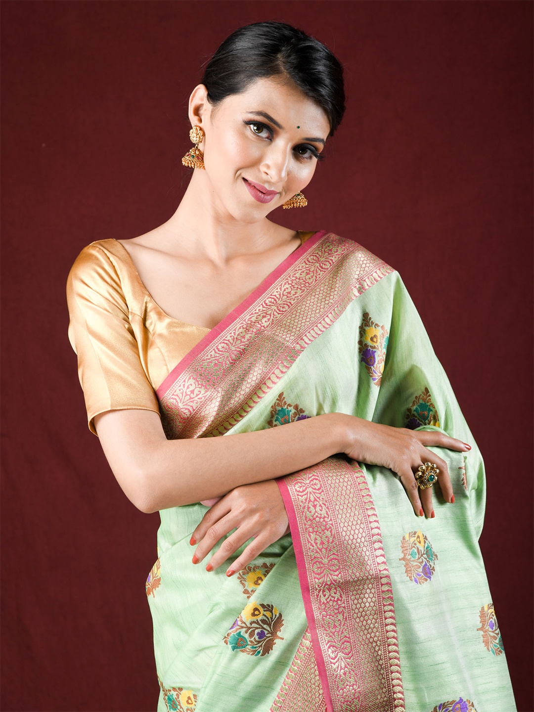 Exclusiva Green & Pink Floral Zari Silk Blend Saree