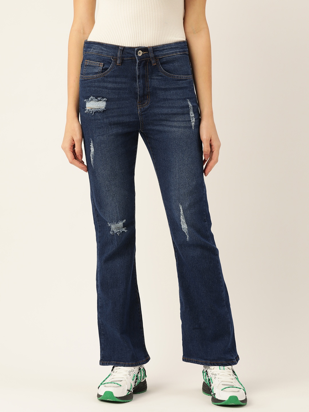 Malachi Women Navy Blue Flared High-Rise Mildly Distressed Light Fade Stretchable Jeans
Malachi Women Navy Blue Flared High-Rise Mildly Distressed Light Fade Stretchable Jeans
