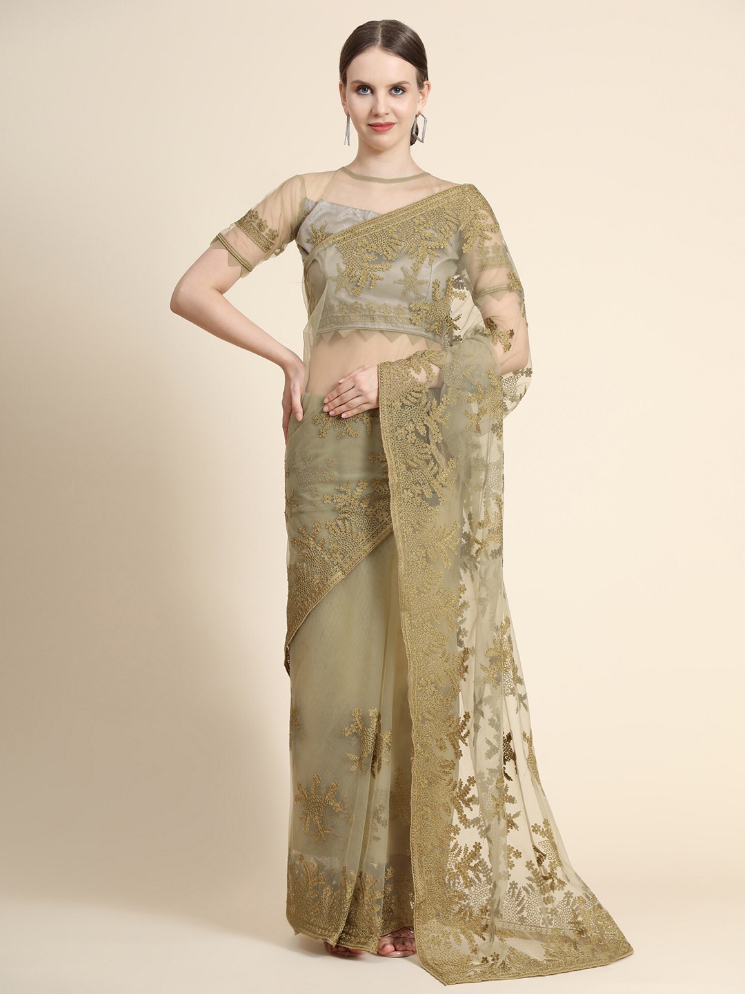 ORUS Brown Floral Embroidered Net Heavy Work Saree