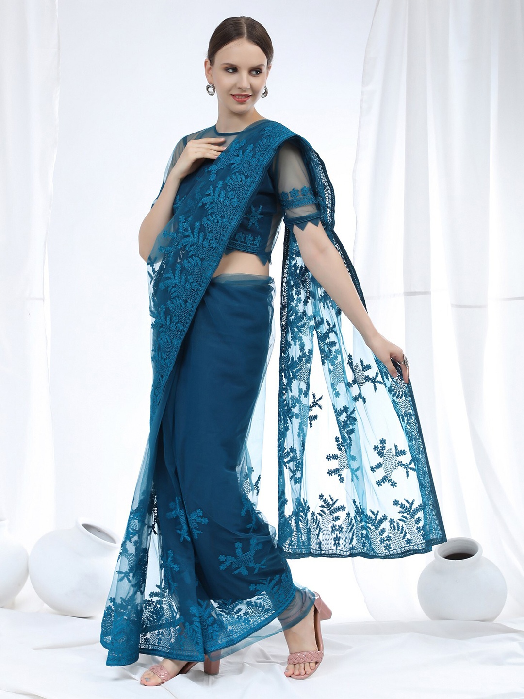 ORUS Turquoise Blue Floral Embroidered Net Heavy Work Saree