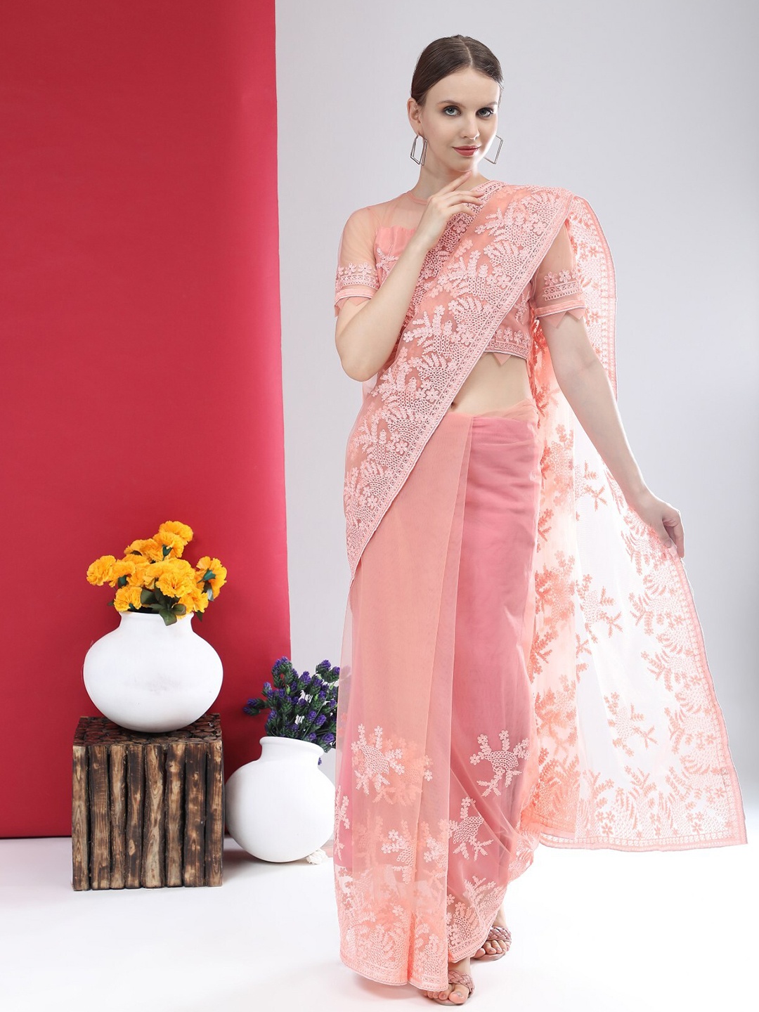 ORUS Pink Floral Embroidered Net Heavy Work Saree With Blouse Piece