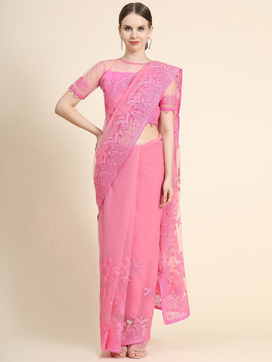 ORUS Pink Floral Embroidered Net Saree