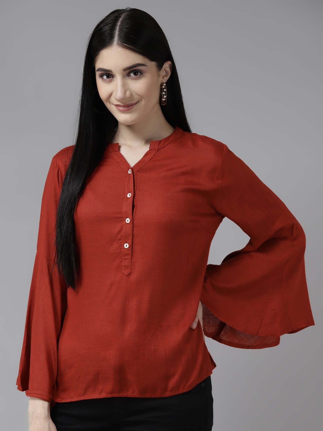 Aarika Rust Red Solid Mandarin Collar Shirt Style Top