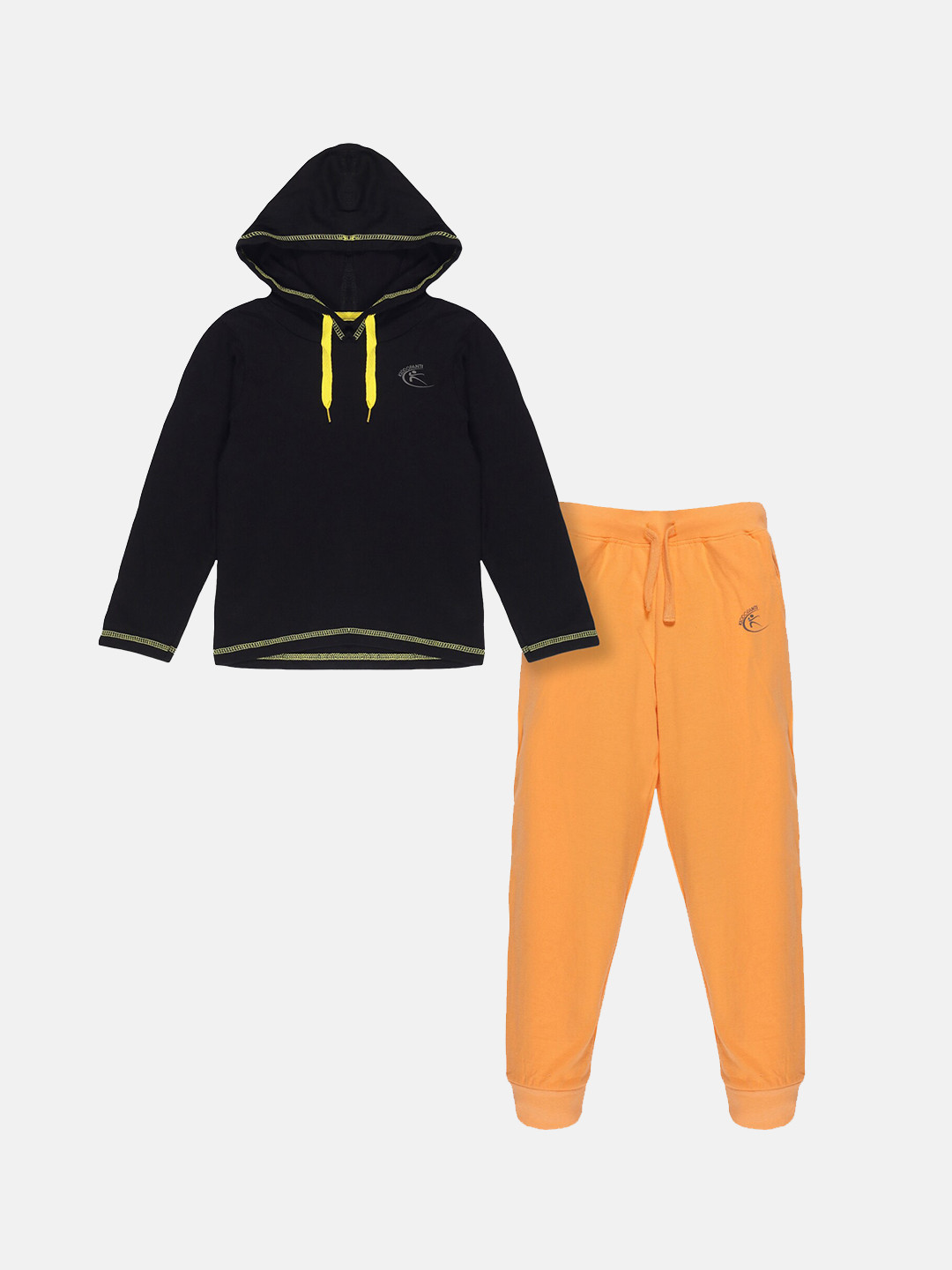 KiddoPanti Boys Black & Orange T-shirt & Solid Track Pant Set 
KiddoPanti Boys Black & Orange T-shirt & Solid Track Pant Set