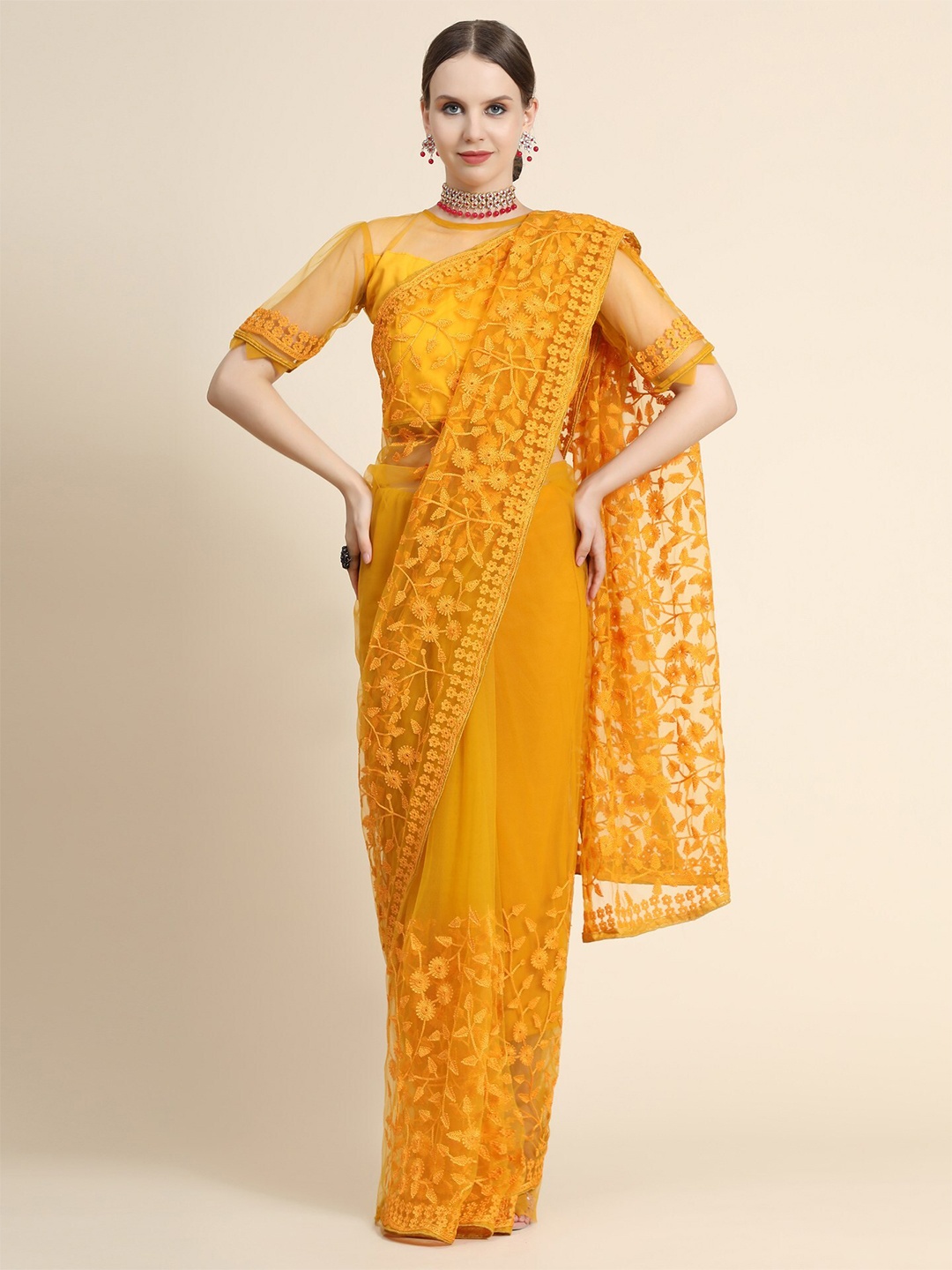 ORUS Mustard Floral Embroidered Net Heavy Work Saree With Blouse Piece