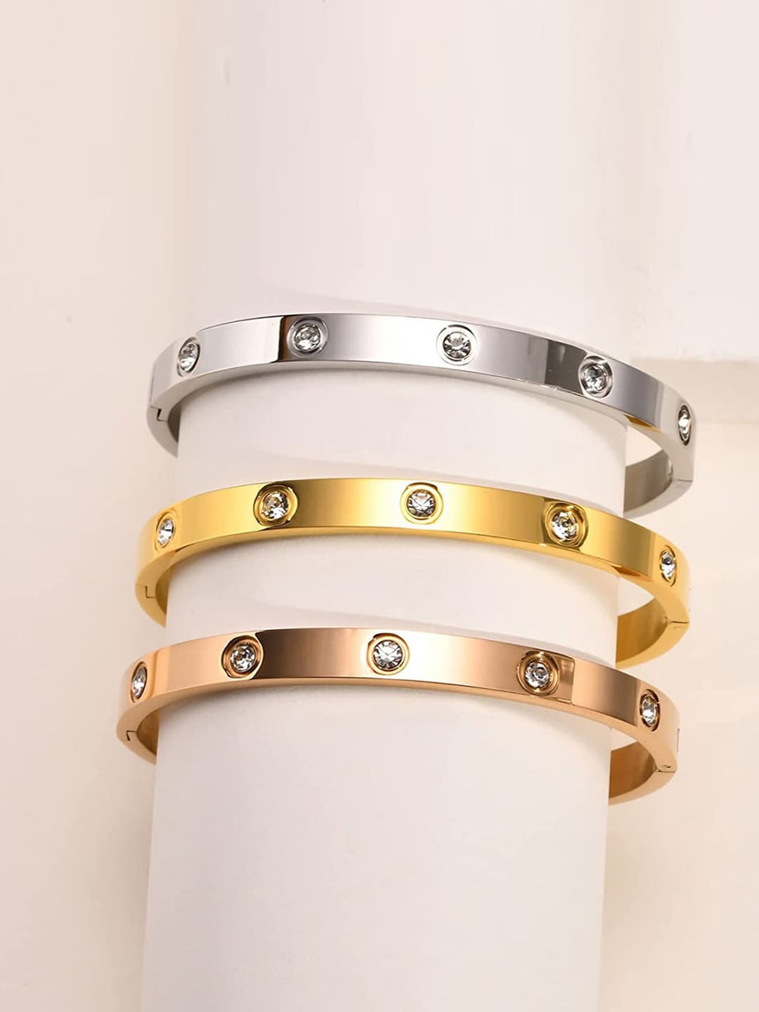 Jewels Galaxy Set Of 3 Women Gold-Plated & Silver American Diamond Bangle-Style Bracelet
Jewels Galaxy Set Of 3 Women Gold-Plated & Silver American Diamond Bangle-Style Bracelet