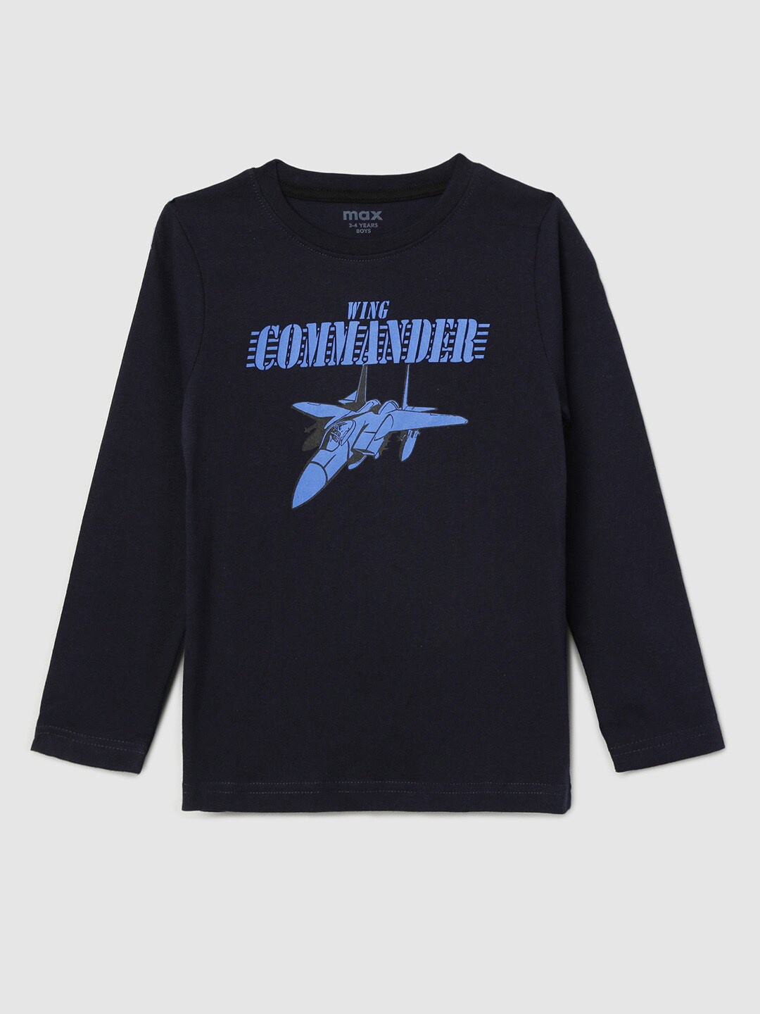 max Boys Blue & Black Typography Printed Pure Cotton T-shirt