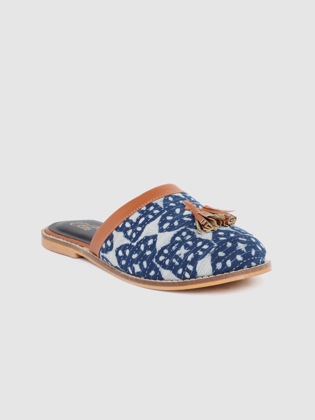 Ekta Women White Bagru Printed Mules with Tassels