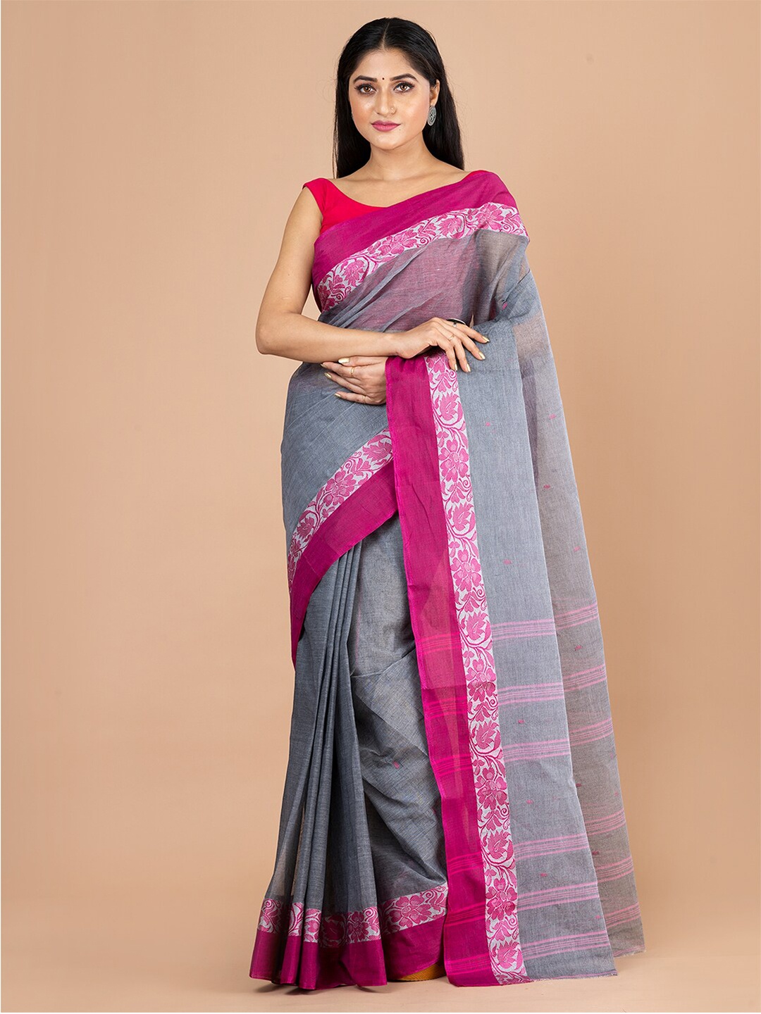 Laa Calcutta Grey & Pink Pure Cotton Jamdani Saree