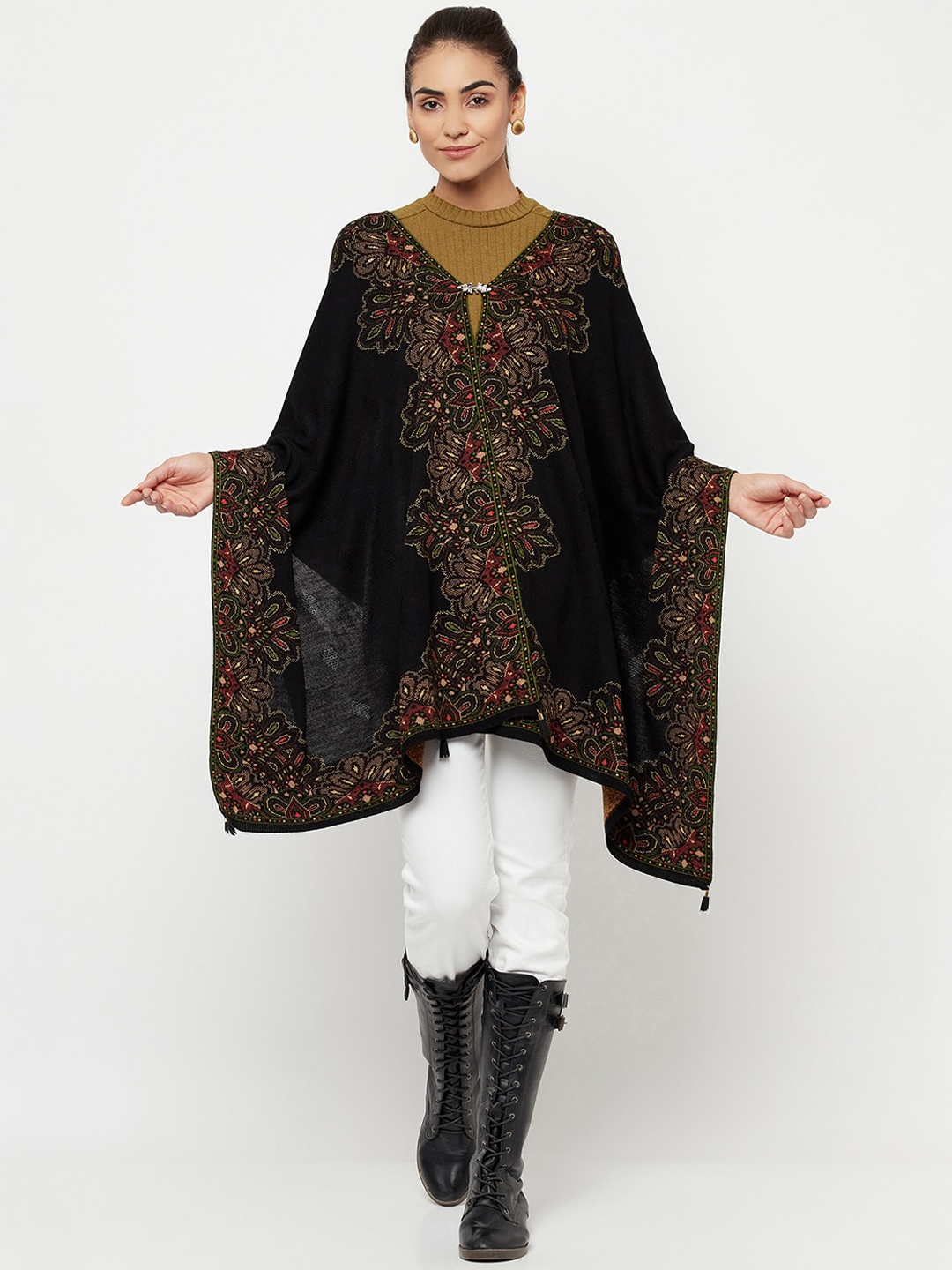 Knitstudio Women Black Woven Design Shawl