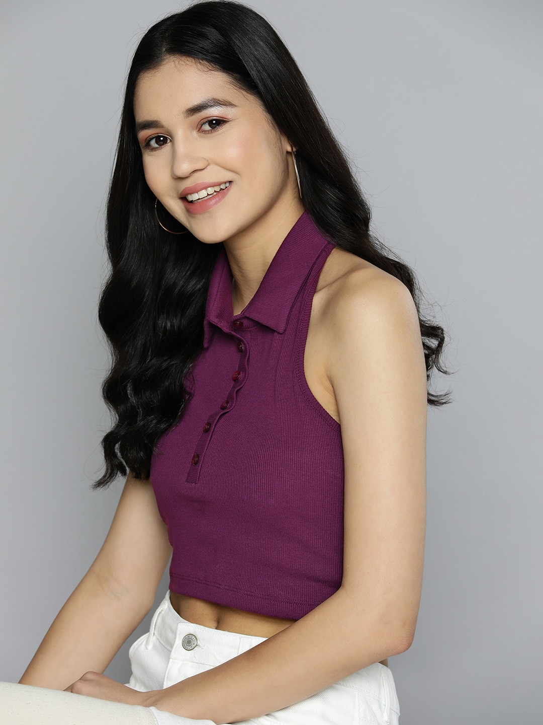 HERE&NOW Ribbed Polo Halter Neck Fitted Crop Top, Burgundy 
HERE&NOW Ribbed Polo Halter Neck Fitted Crop Top, Burgundy