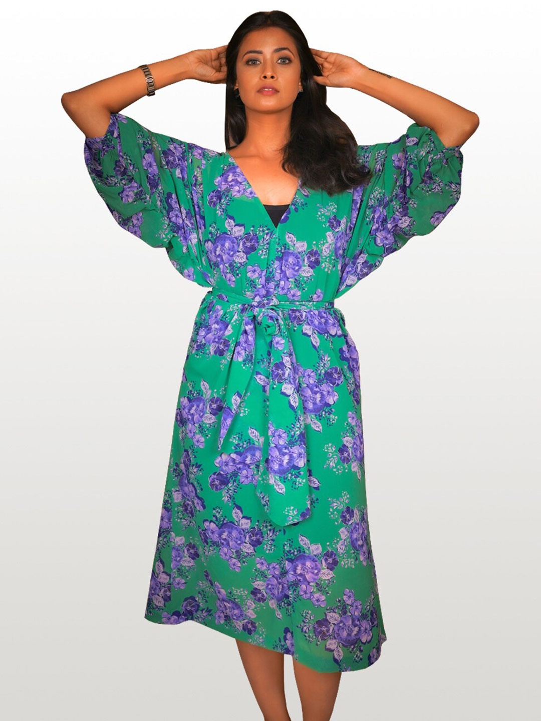 Hencemade Green & Blue Floral A-Line Dress