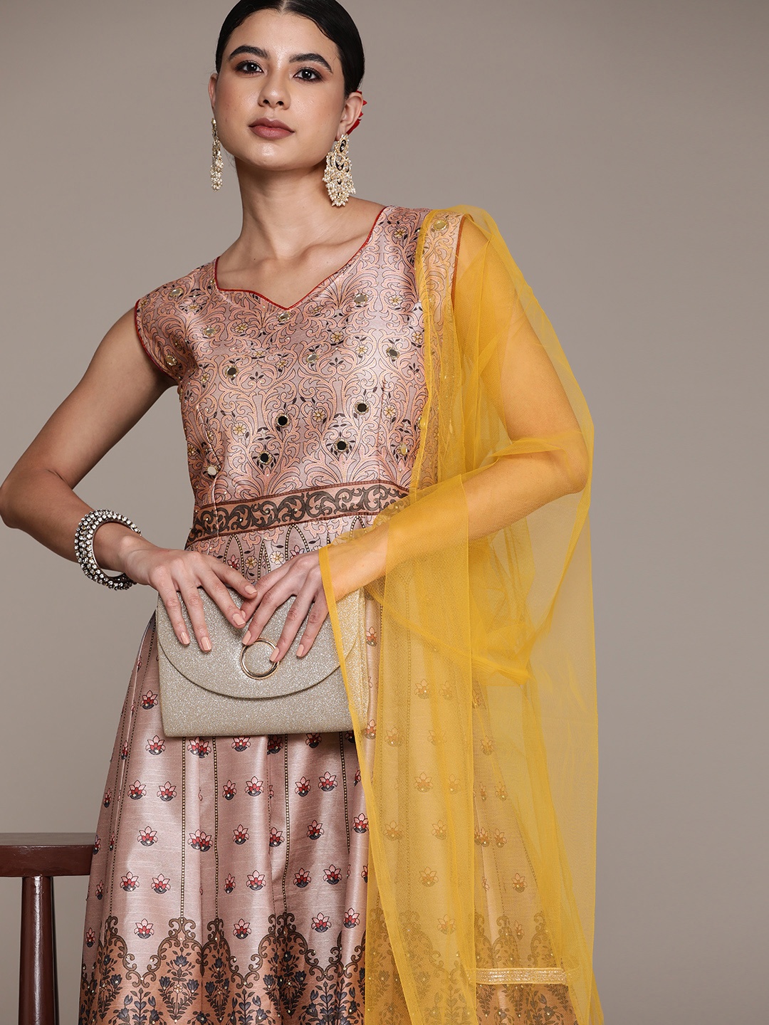SAARYA Pink & Green Silk Embroidered Ethnic Gown With Dupatta