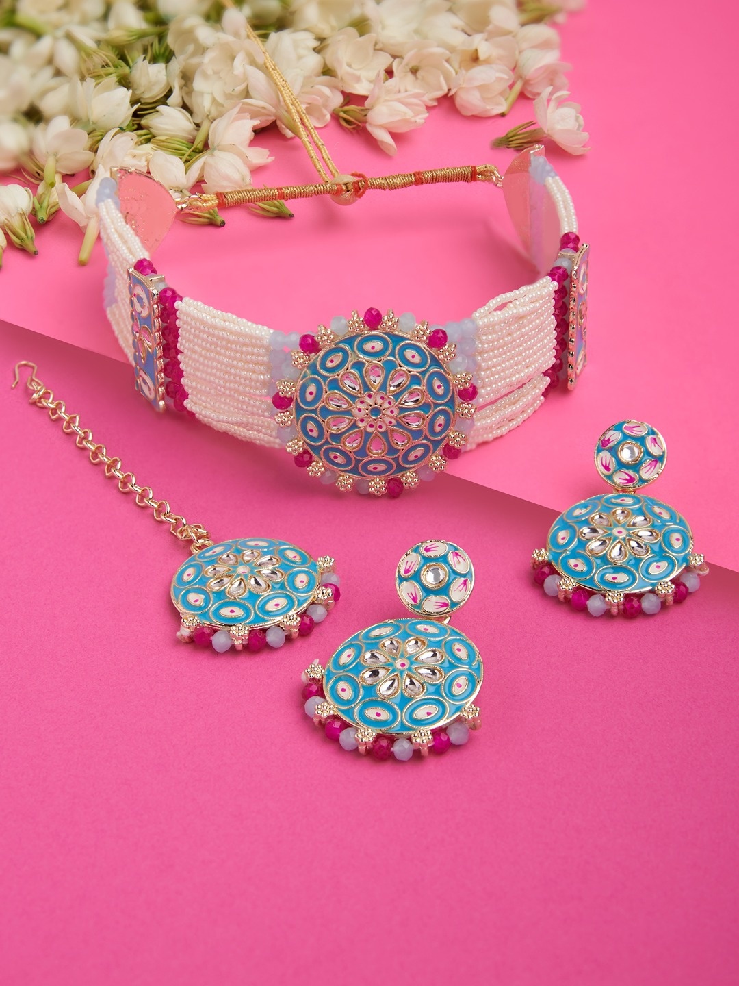 Zaveri Pearls Gold-Plated Turquoise Blue & Pink Enamelled & Crystals Studded Jewellery Set
Zaveri Pearls Gold-Plated Turquoise Blue & Pink Enamelled & Crystals Studded Jewellery Set