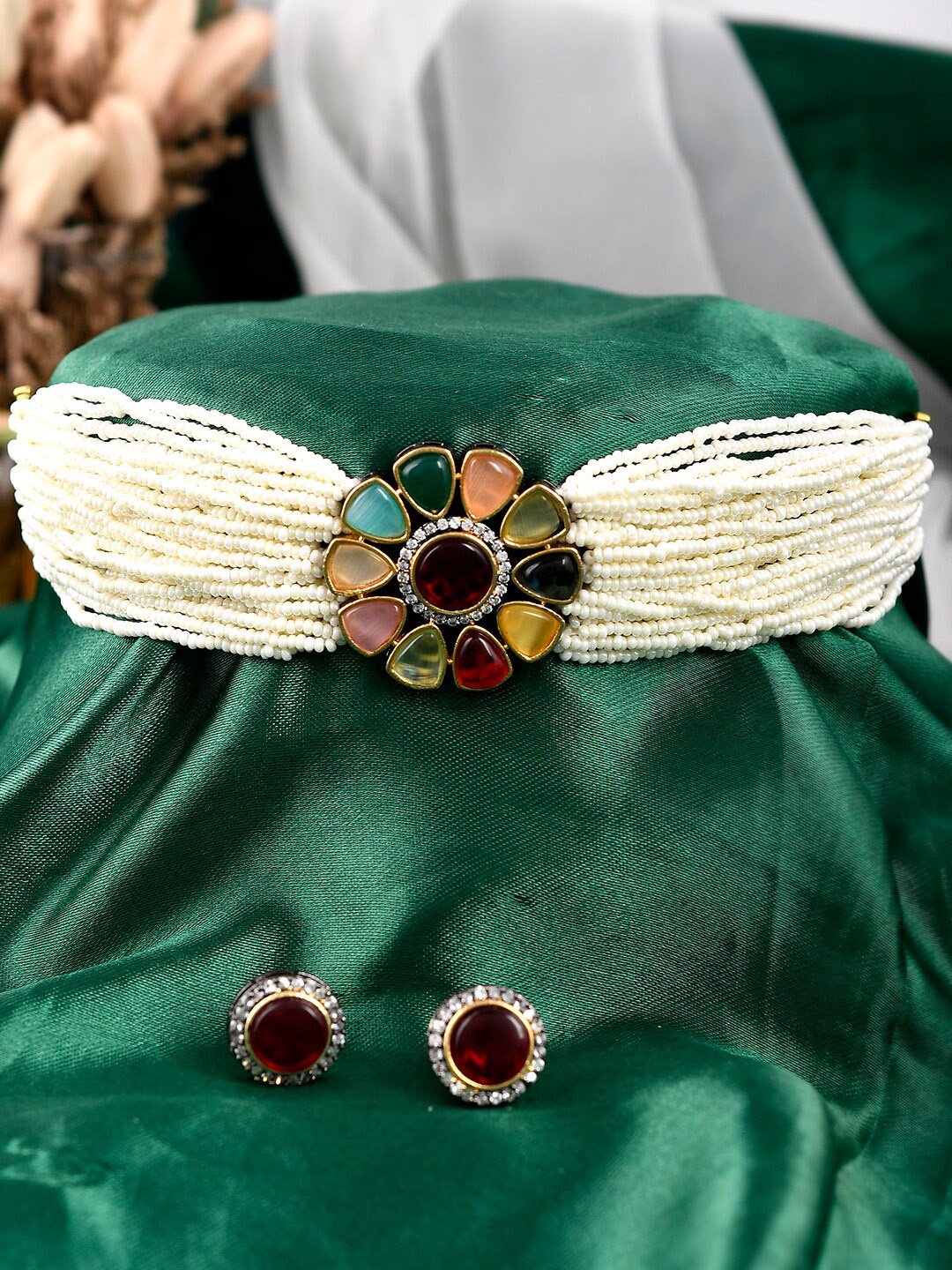 AQUASTREET JEWELS Rhodium-Plated White & Red Kundan Studded & Beaded Jewellery Set, Silver