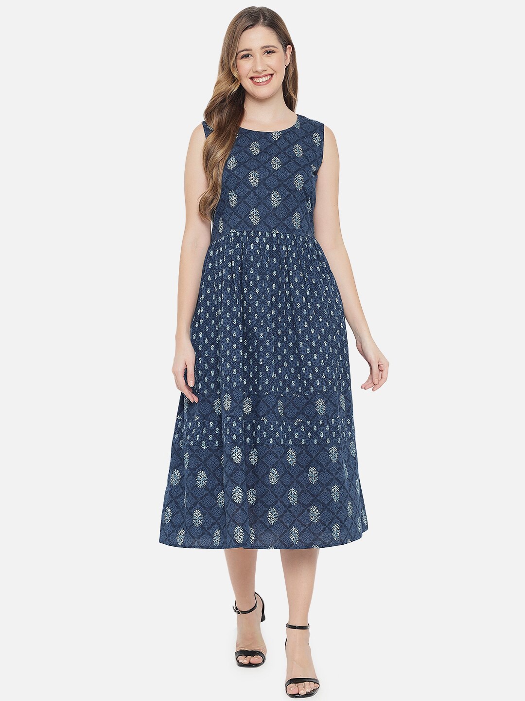Indietoga Women Blue Indigo Hand Block Printed Tiered Sustainable Pure Cotton Dress, Navy blue
Indietoga Women Blue Indigo Hand Block Printed Tiered Sustainable Pure Cotton Dress, Navy blue